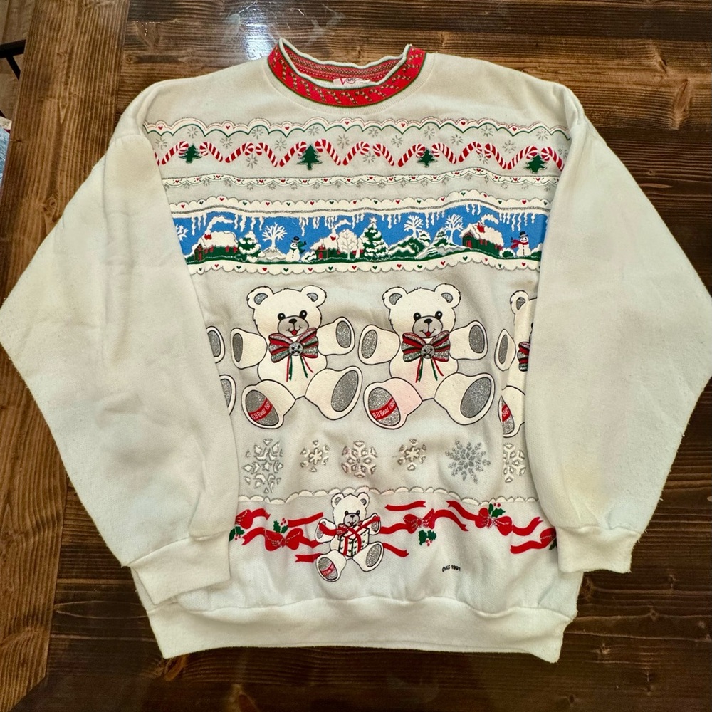 Vintage 1991 Christmas Holiday‎ Bear Pattern Sweatshirt